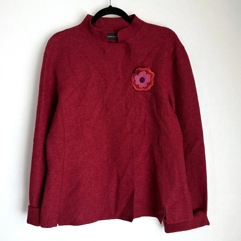 Alpaca 111 Women's Alpaca Wool Blend Button Up Jacket Collar Cape Coat Flower XL